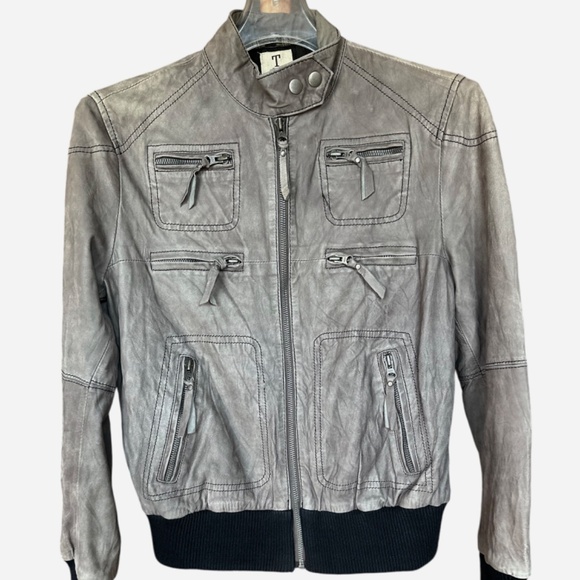 Tusso Grey 100% Leather Zippered Detailed Jacket Sz M - Picture 1 of 8
